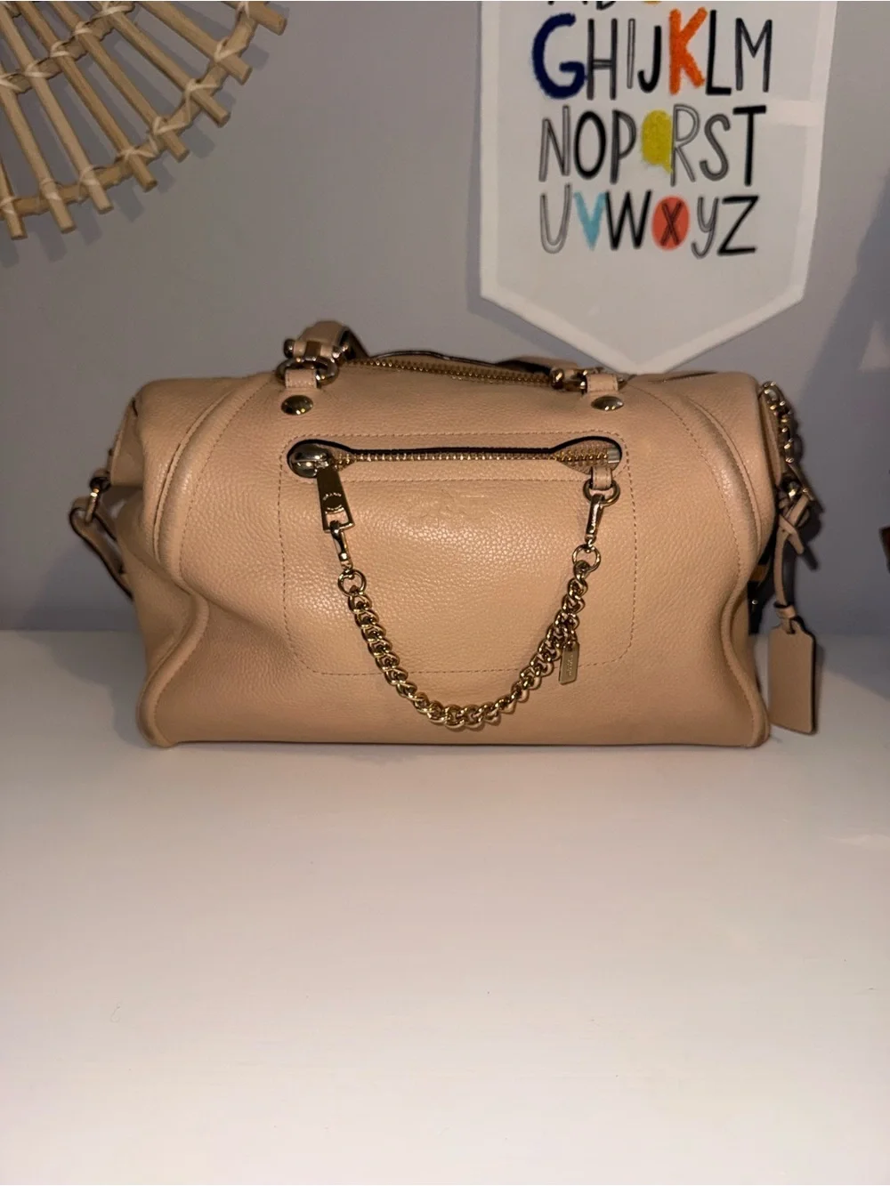 Coach Chain Satchel Bag with Crossbody Strap - Beige